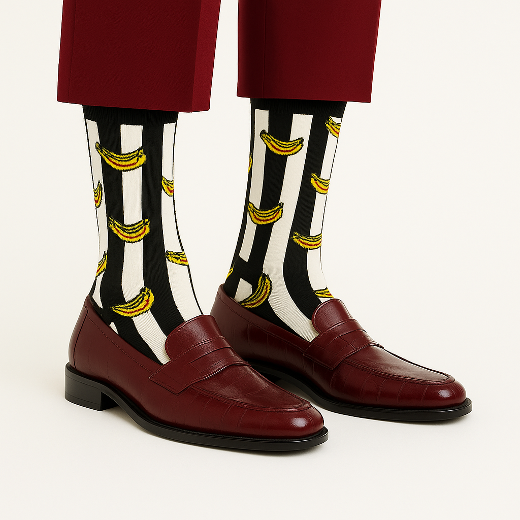 Chaussettes fun Banana Stripes – Motifs Bananes rayées noires et blanches, fun et originales