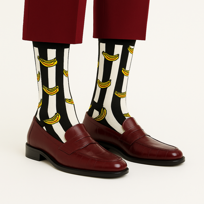 Chaussettes fun Banana Stripes – Motifs Bananes rayées noires et blanches, fun et originales