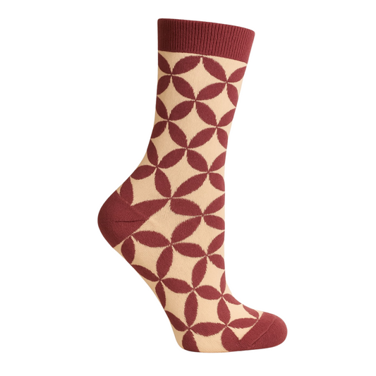 Retro Bloom – Chaussettes fleurs géométriques bordeaux vintage