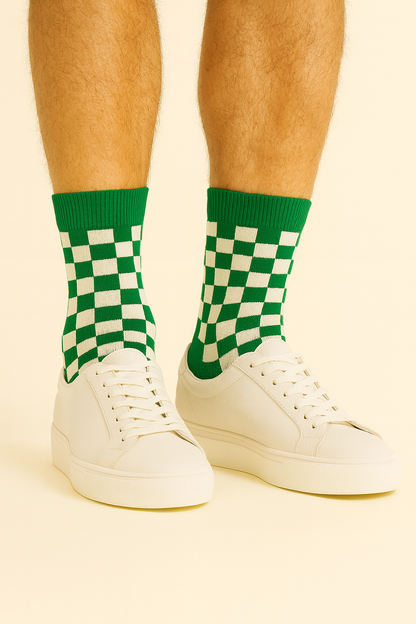 Chaussettes fun Checkmate Green – Damier vert et blanc originales 