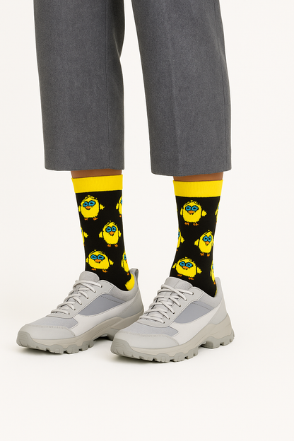 Chaussettes fun Cool Chicks – Motifs Poussins jaunes, noirs et originales