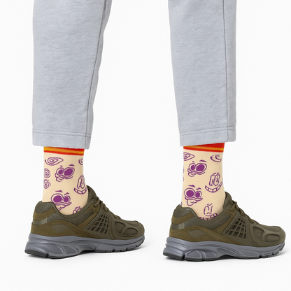 Chaussettes fun Cosmic Grin – Visages psychédéliques violets et originales