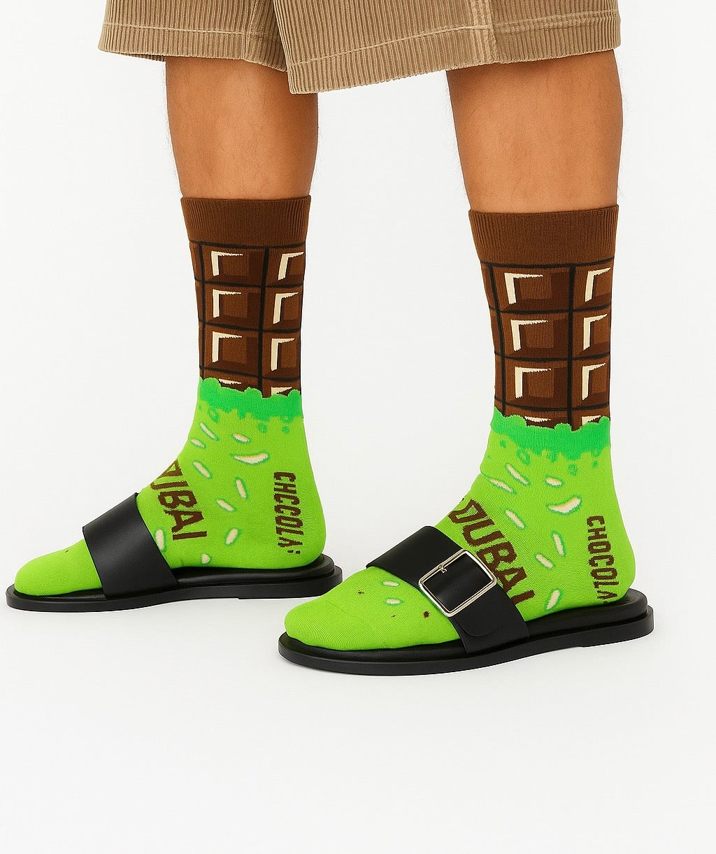 Chaussettes fun Dubai Chocolate – Motifs Chocolat noir et pistache, élégantes et originales
