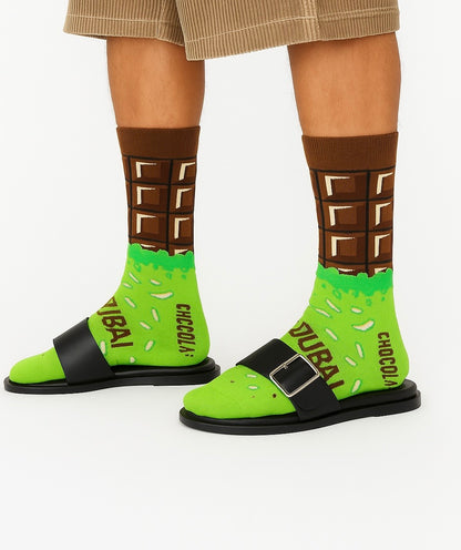 Chaussettes fun Dubai Chocolate – Motifs Chocolat noir et pistache, élégantes et originales