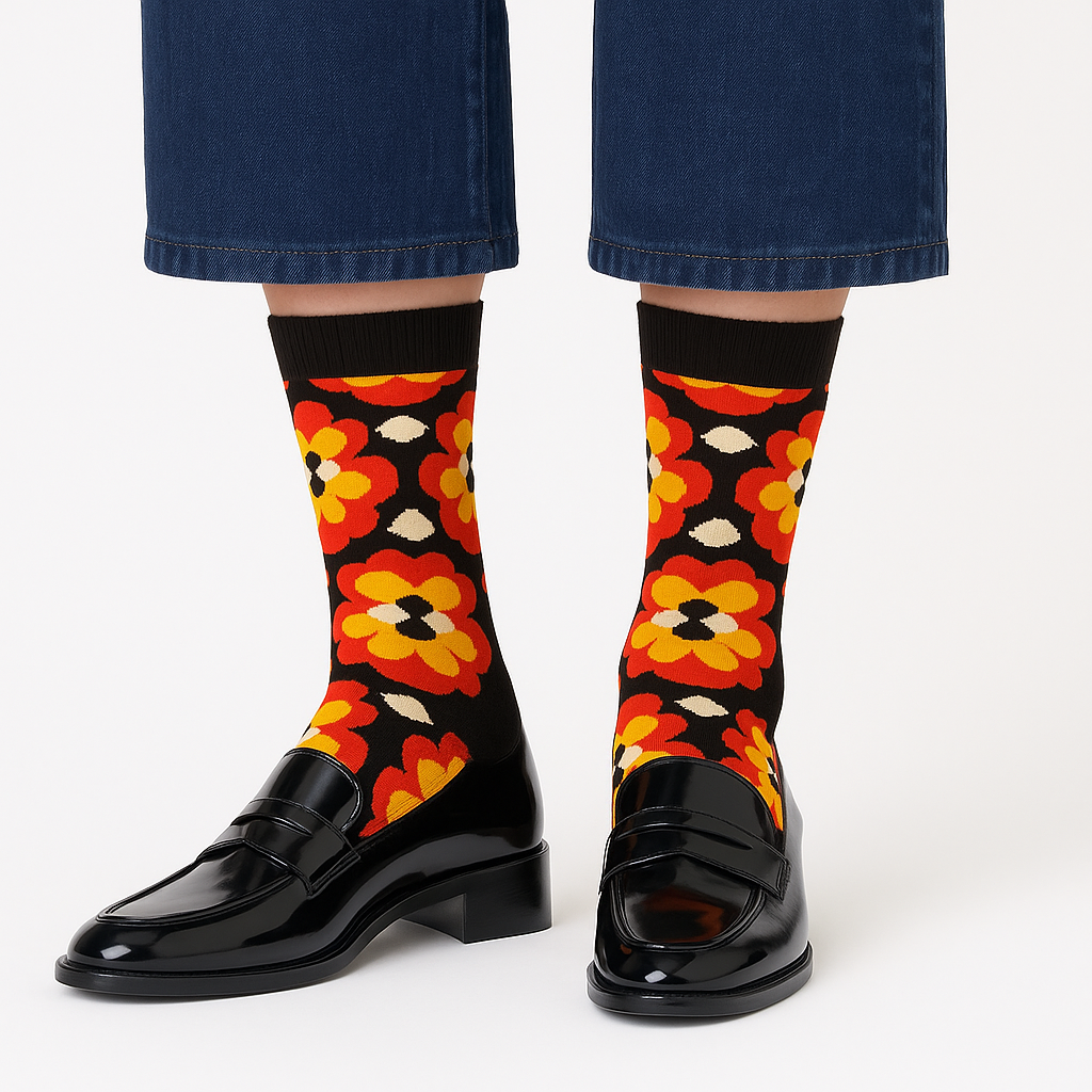 Chaussettes fun Fire Blossom – Motifs Fleurs noires et rouges, élégantes et originales 