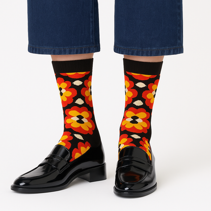 Chaussettes fun Fire Blossom – Motifs Fleurs noires et rouges, élégantes et originales 