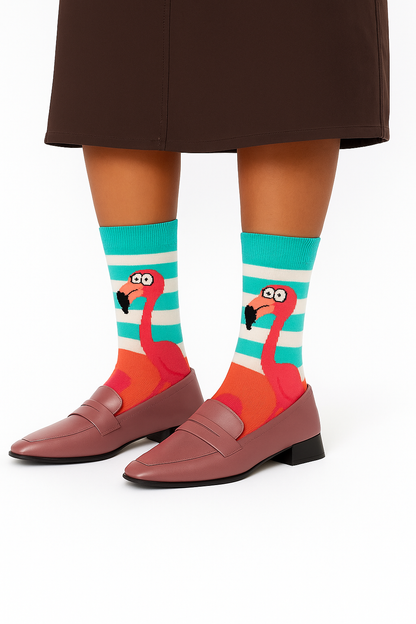 Chaussettes fun Funky Flamingo – Grand motif Flamant rose rayées turquoise et blanches et originales