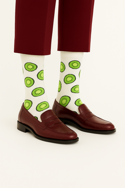 Chaussettes fun Green Kiwi Splash – Motifs Kiwi blanches, fruitées et originales