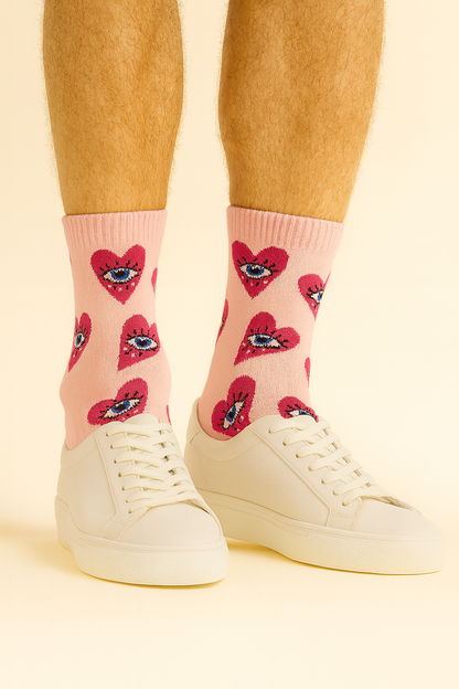 Chaussettes fun Love Vision – Motifs Cœurs roses, yeux bleus et originales