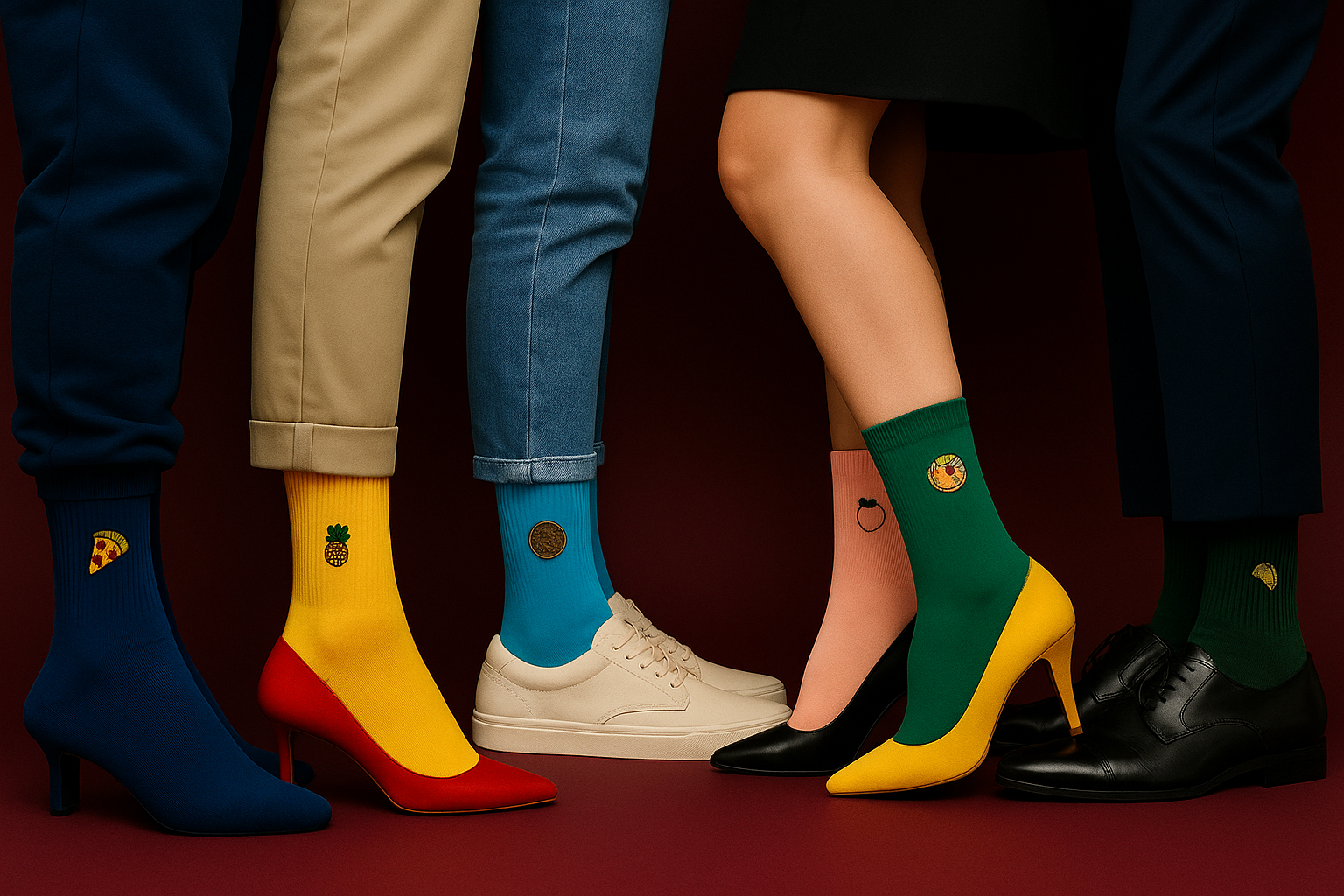 Photo de chaussettes brodées MINDRURI, élégantes et originales, portées par plusieurs modèles illustrant un style raffiné, coloré et moderne.