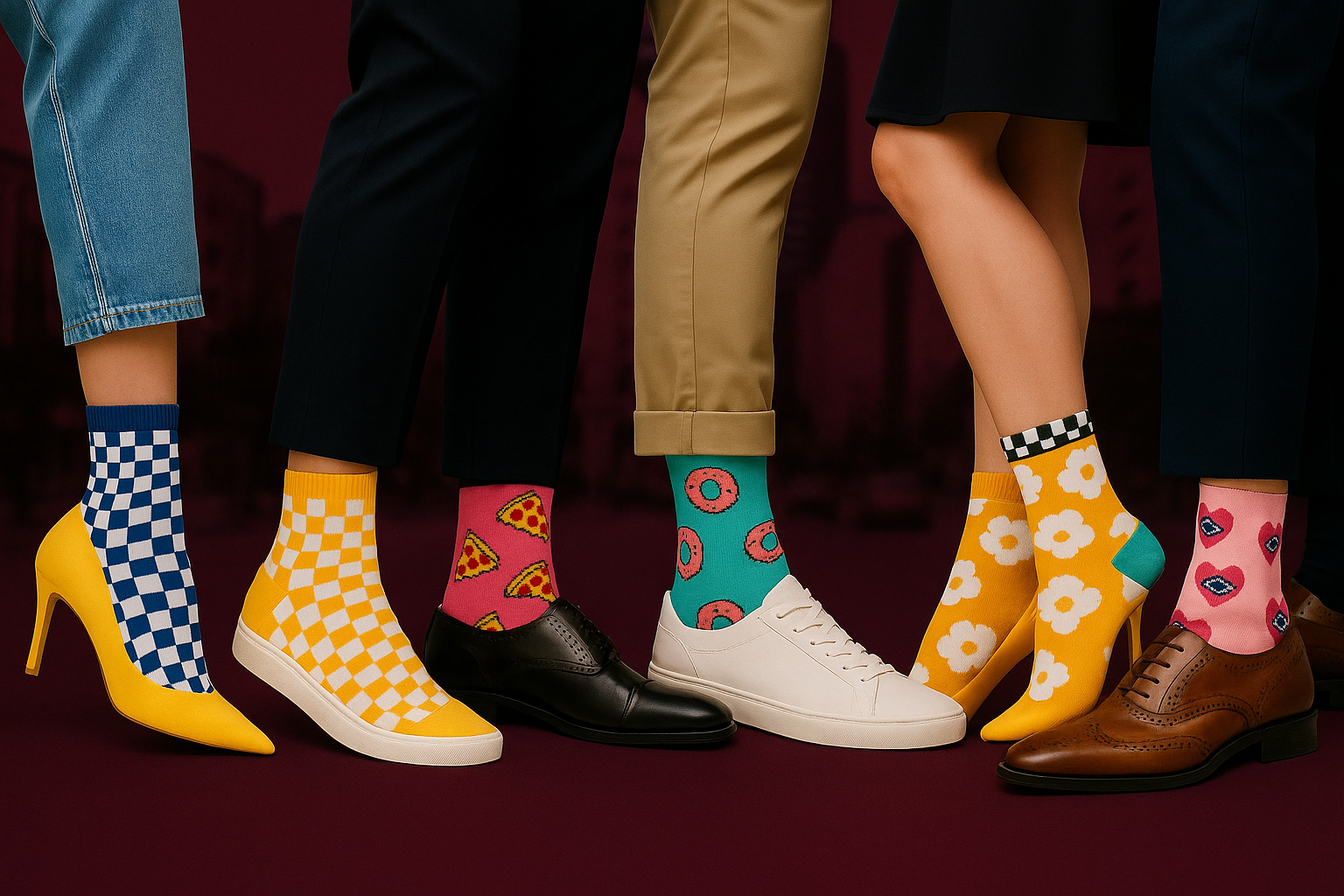 Photo de chaussettes courtes MINDRURI, fun et colorées, portées par plusieurs modèles illustrant un style unique, audacieux et plein de personnalité.