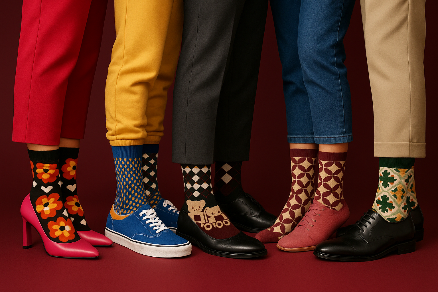 Photo de chaussettes édition limitée MINDRURI, fun et originales, portées par plusieurs modèles illustrant un style unique, coloré et expressif.