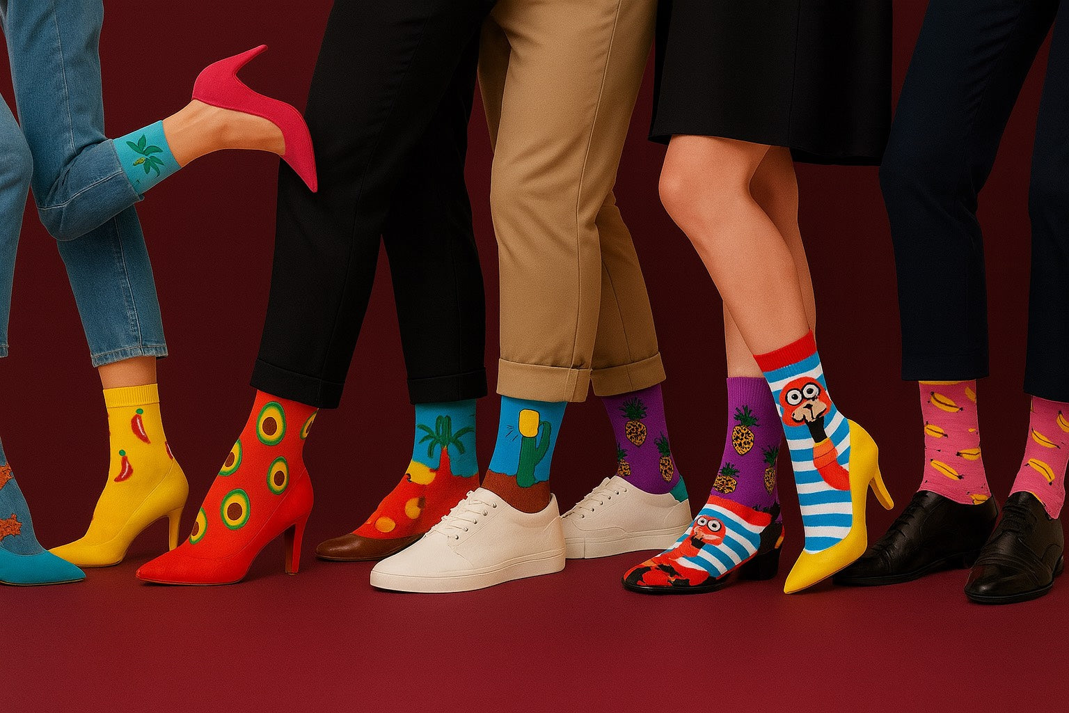 Collection de chaussettes hautes MINDRURI, fun et originales, portées par plusieurs modèles exprimant un style coloré, créatif et affirmé.