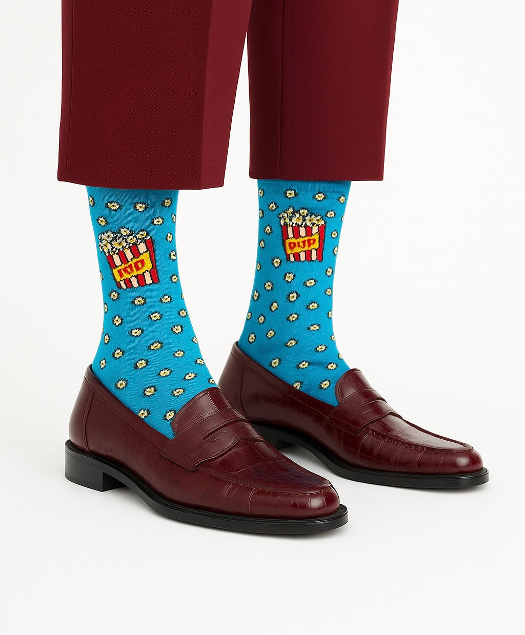 Chaussettes fun Popcorn Nights – Cinéma, Motifs popcorn bleues et originales