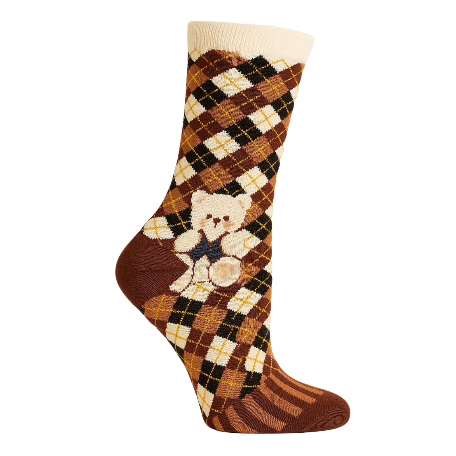 Chaussettes fun Royal Teddy Argyle – Losanges écossais bruns avec ourson, originales