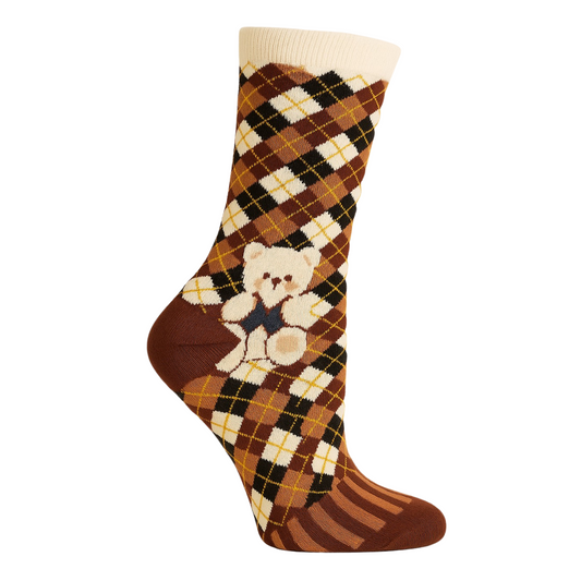 Chaussettes fun Royal Teddy Argyle – Losanges écossais bruns avec ourson, originales