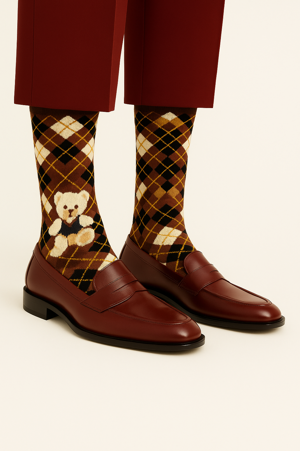 Chaussettes fun Royal Teddy Argyle – Losanges écossais bruns avec motif ourson, originales