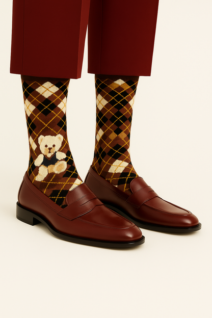 Chaussettes fun Royal Teddy Argyle – Losanges écossais bruns avec motif ourson, originales