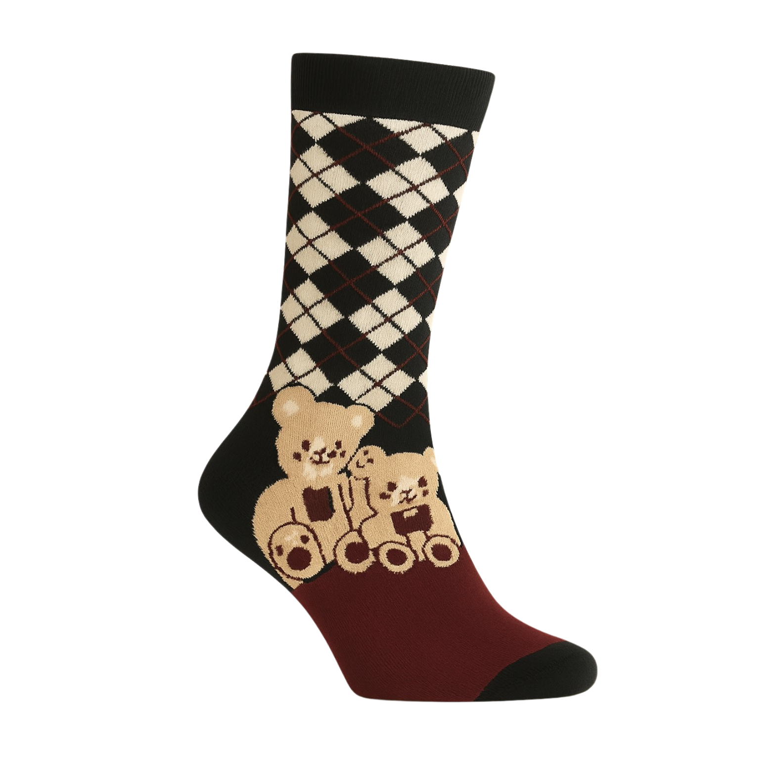 Chaussettes fun Teddy Argyle – Losanges bordeaux avec oursons
