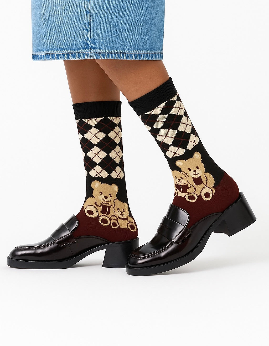 Chaussettes fun Teddy Argyle – Losanges bordeaux avec Motifs oursons