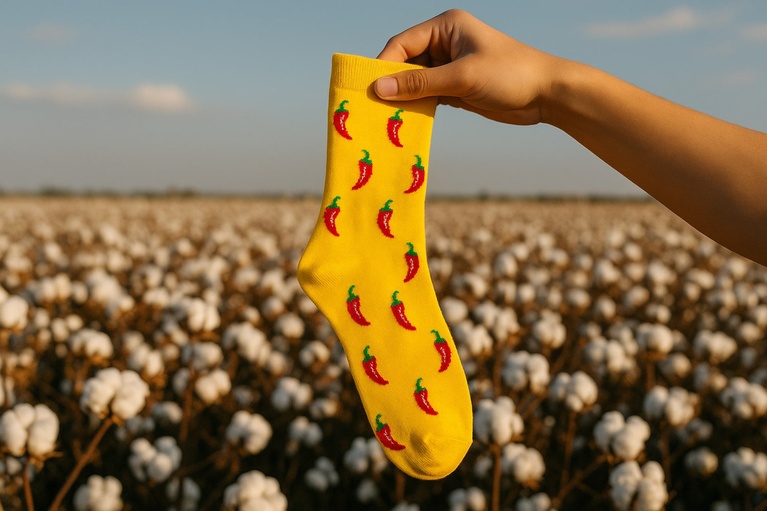 Chaussette jaune à motifs piments MINDRURI tenue à la main dans un champ de coton, symbole de qualité naturelle et de style original.